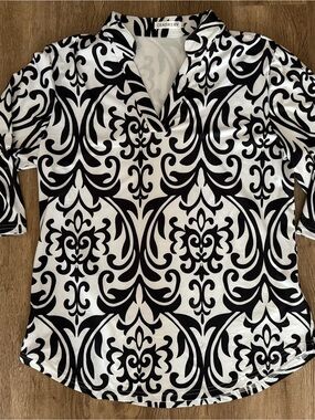 Ceasikery Damask Print Shirt Stretch 3/4 Sleeves V-Neck  Large